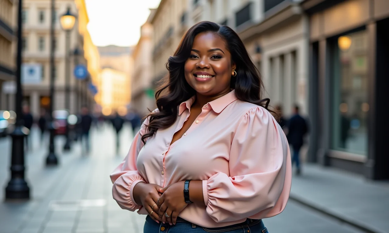 Mulher plus size com blusa de manga bufante em um cenário urbano.