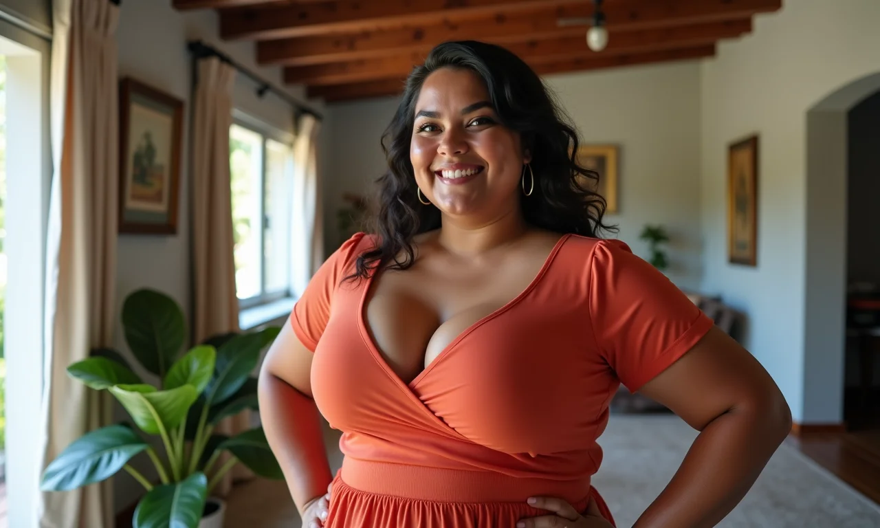 Mulher plus size com blusa peplum em apartamento charmoso brasileiro.
