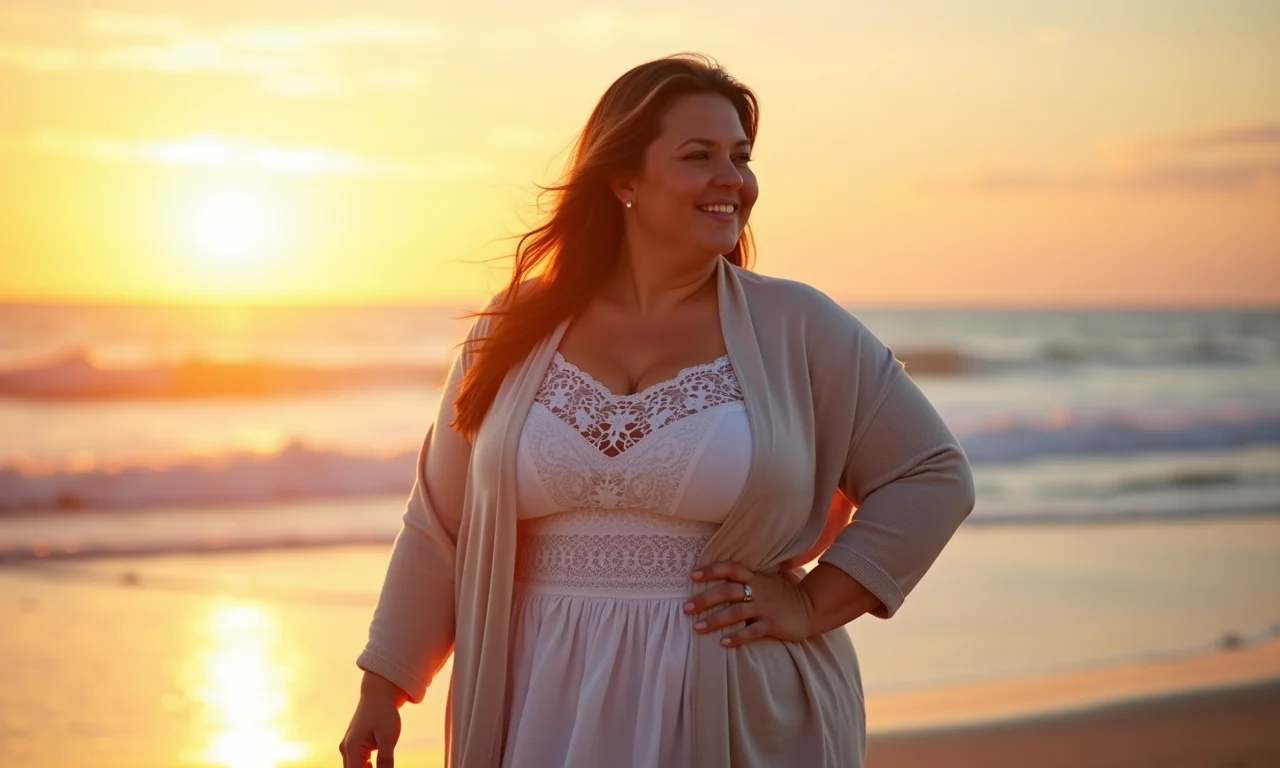Mulher plus size com cardigan leve na praia ao pôr do sol.