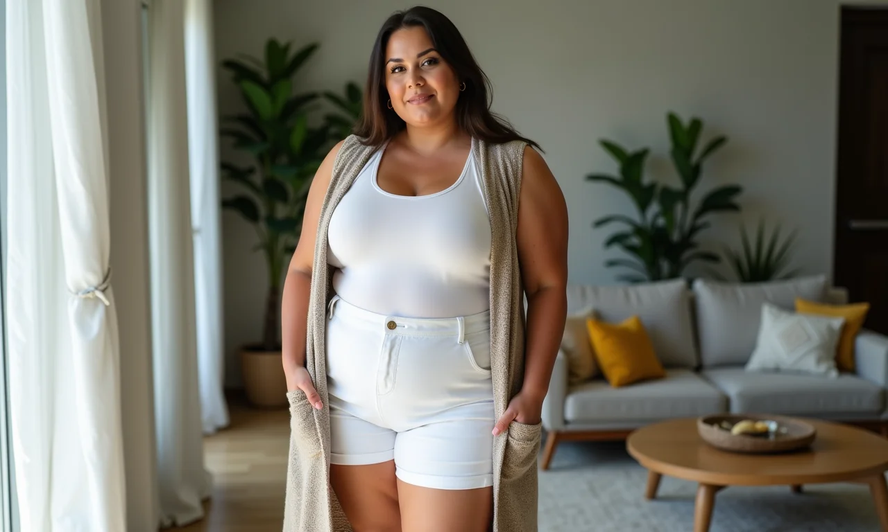 Mulher plus size com colete alongado em ambiente decorado.