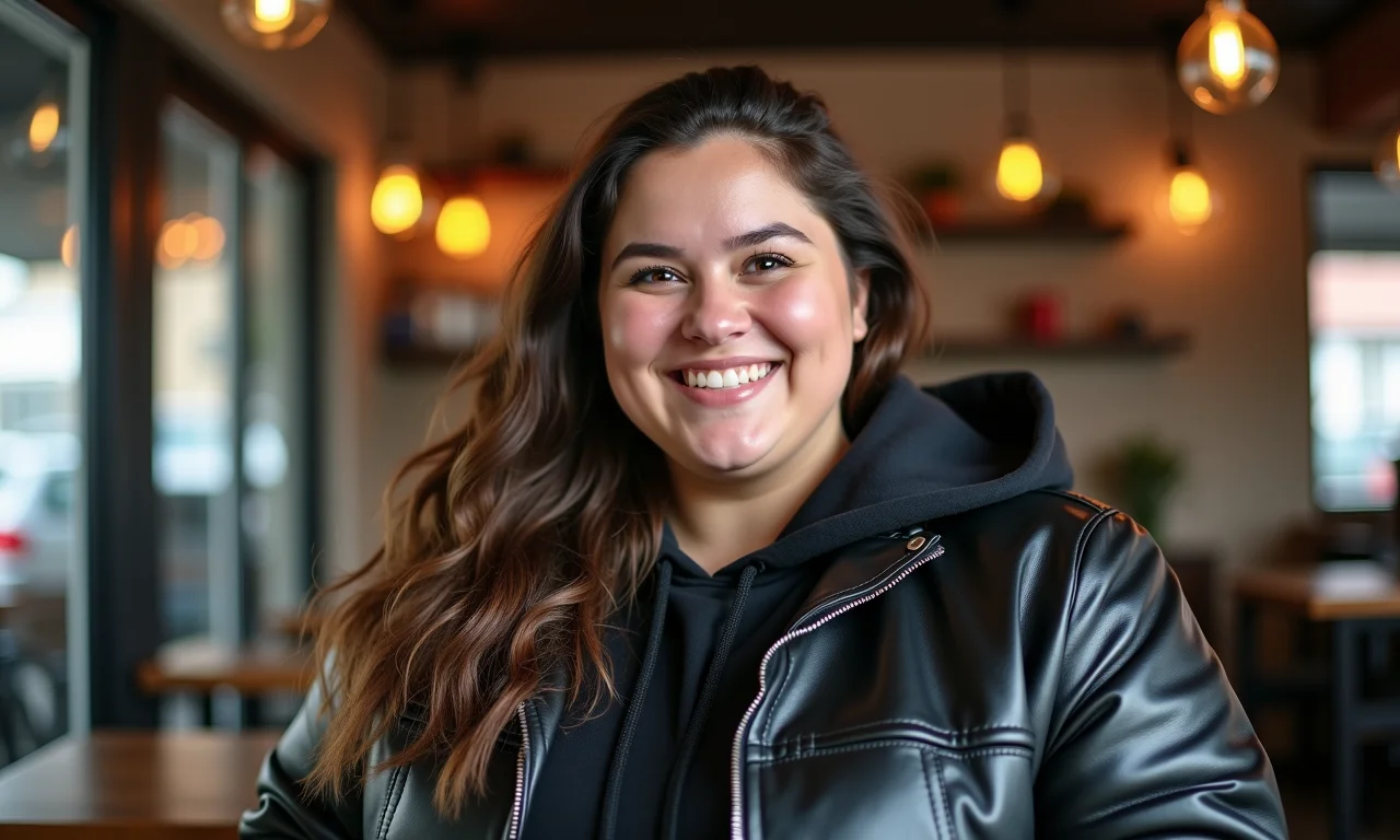 Mulher plus-size com jaqueta de couro e moletom sorrindo em café aconchegante.