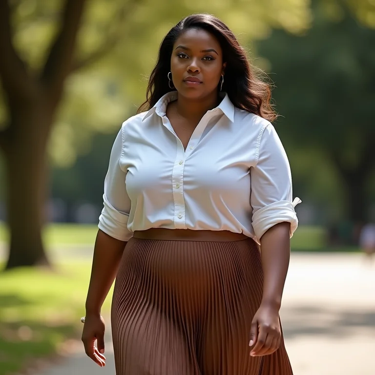 Mulher plus-size com saia plissada e camisa andando no parque