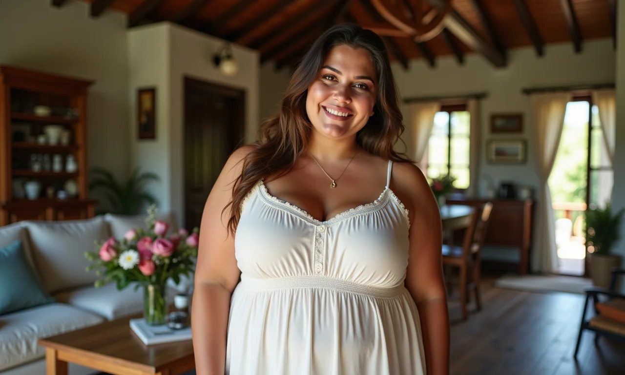 Mulher plus size com vestido de algodão em celebração de bodas em casa.