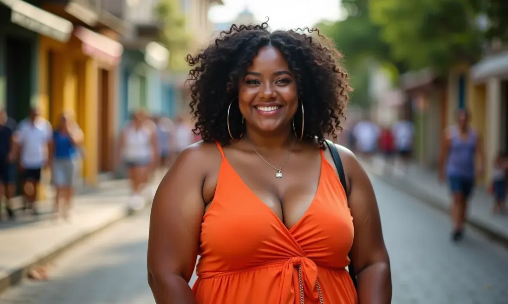 Mulher plus size confiante e estilosa sorrindo em cenário urbano brasileiro, representando as tendências da moda 2025.
