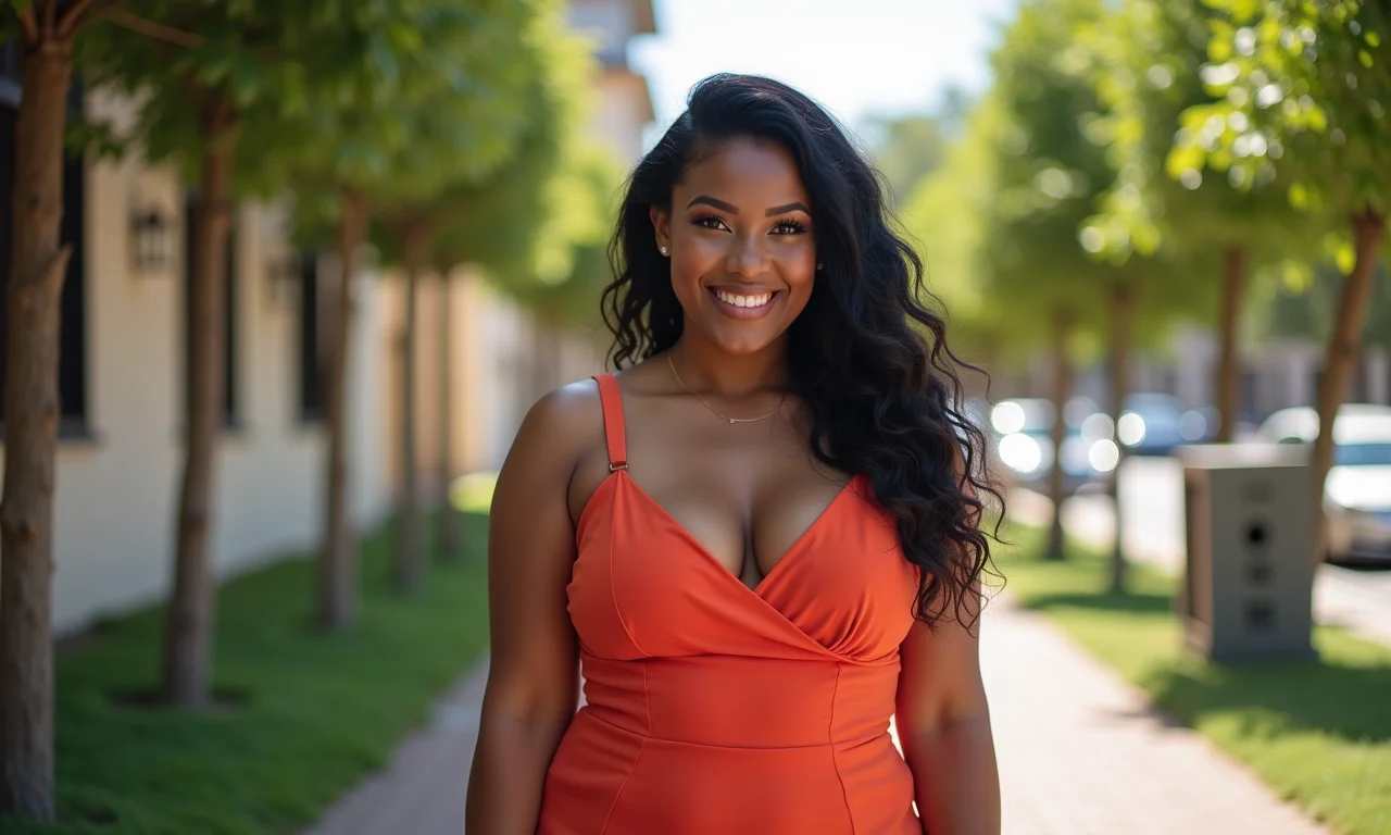 Mulher plus size em vestido curto que valoriza suas curvas em formatura.