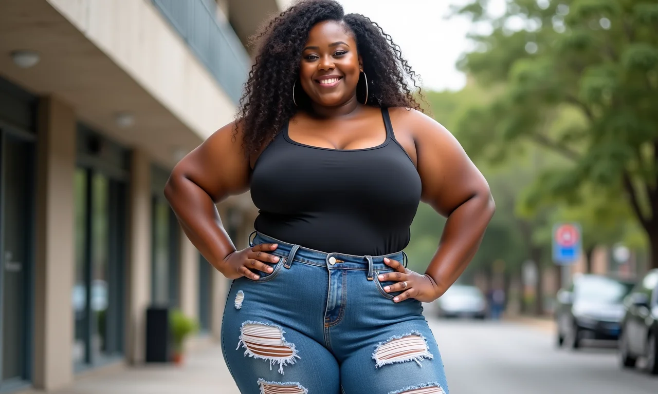 Mulher plus size estilosa usando jeans destroyed.