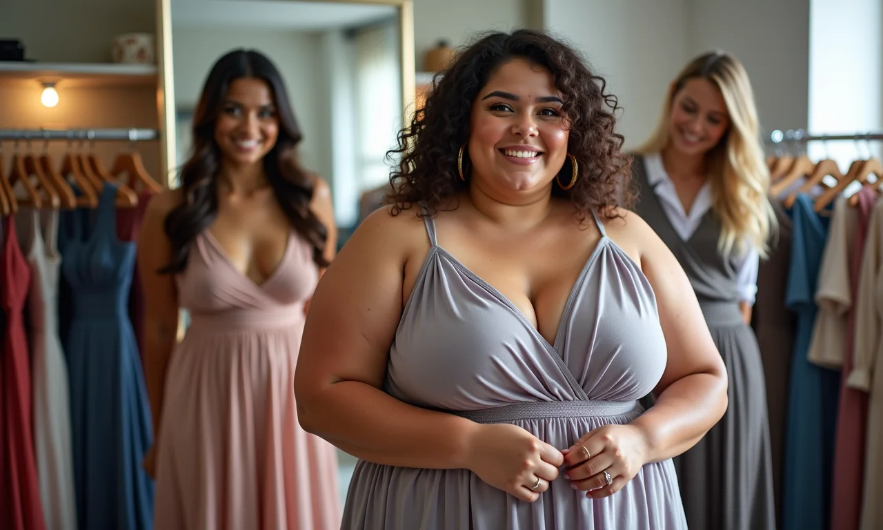 Mulher plus size experimentando vestidos de diferentes comprimentos em uma boutique, com vendedora simpática auxiliando.