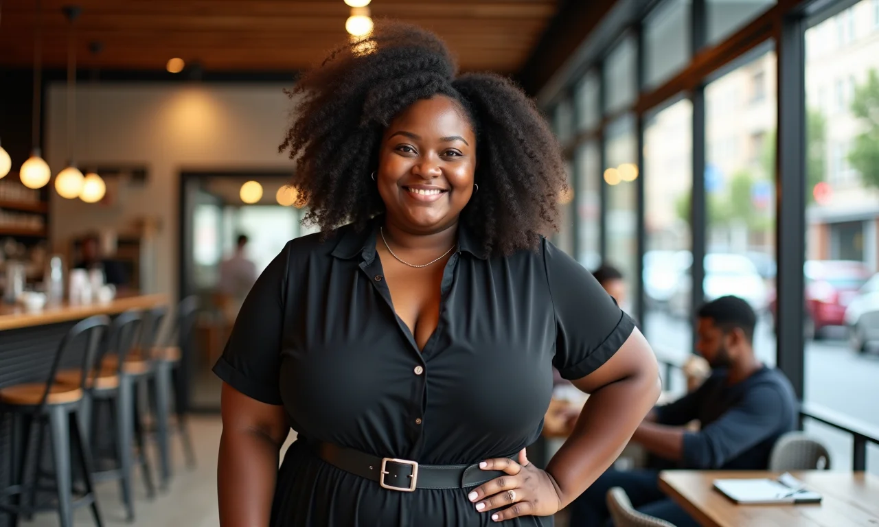 Mulher plus size negra em look monocromático bege, posando confiante em café urbano.