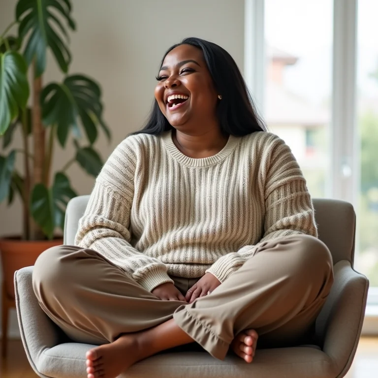 Mulher plus size rindo vestindo peças soltinhas e confortáveis