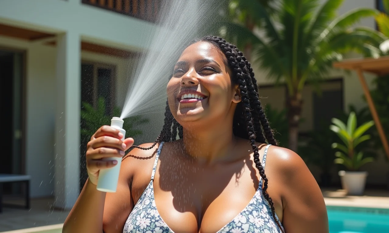 Mulher plus size se refrescando com água termal em dia quente.