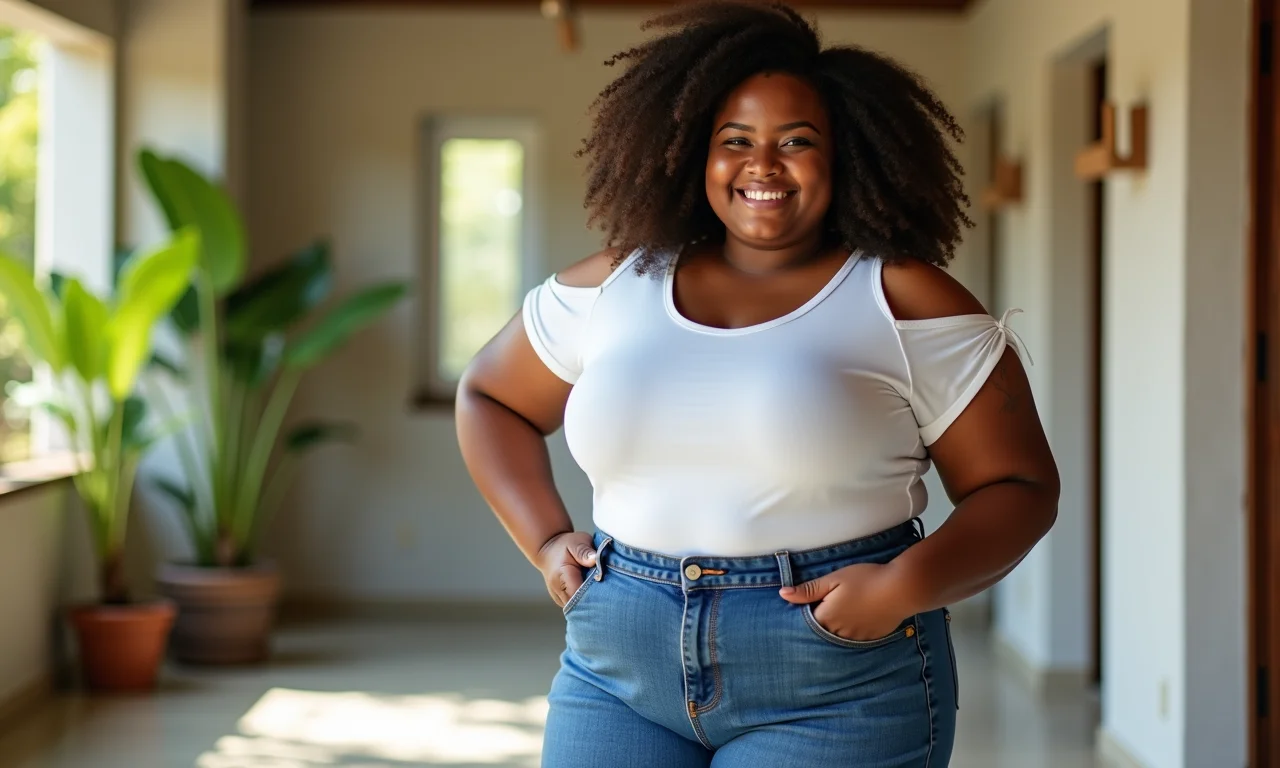 Mulher plus size sorrindo com jeans que valorizam suas curvas.