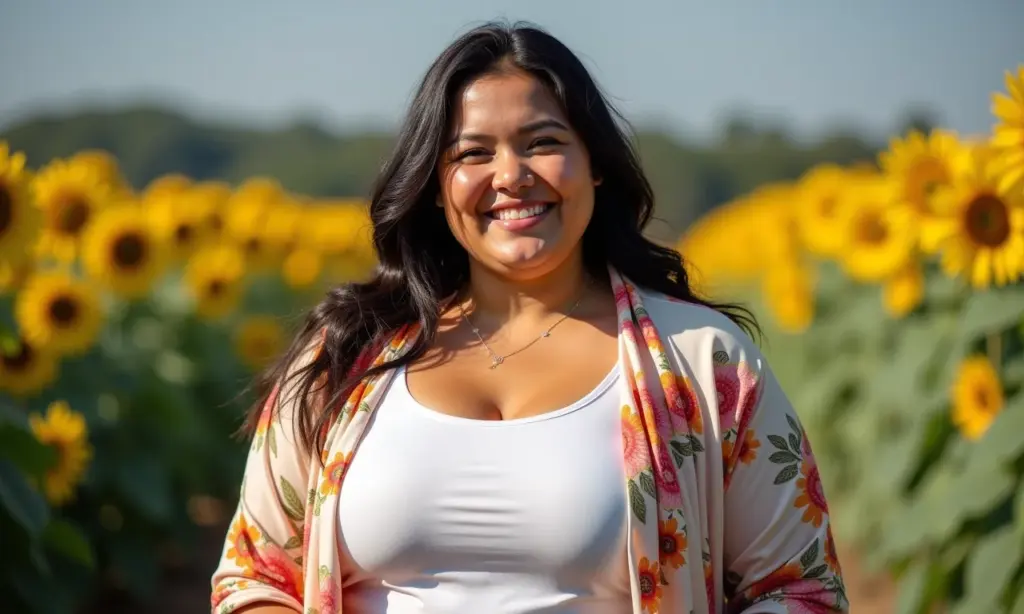 Mulher plus size sorrindo com kimono estiloso de verão.