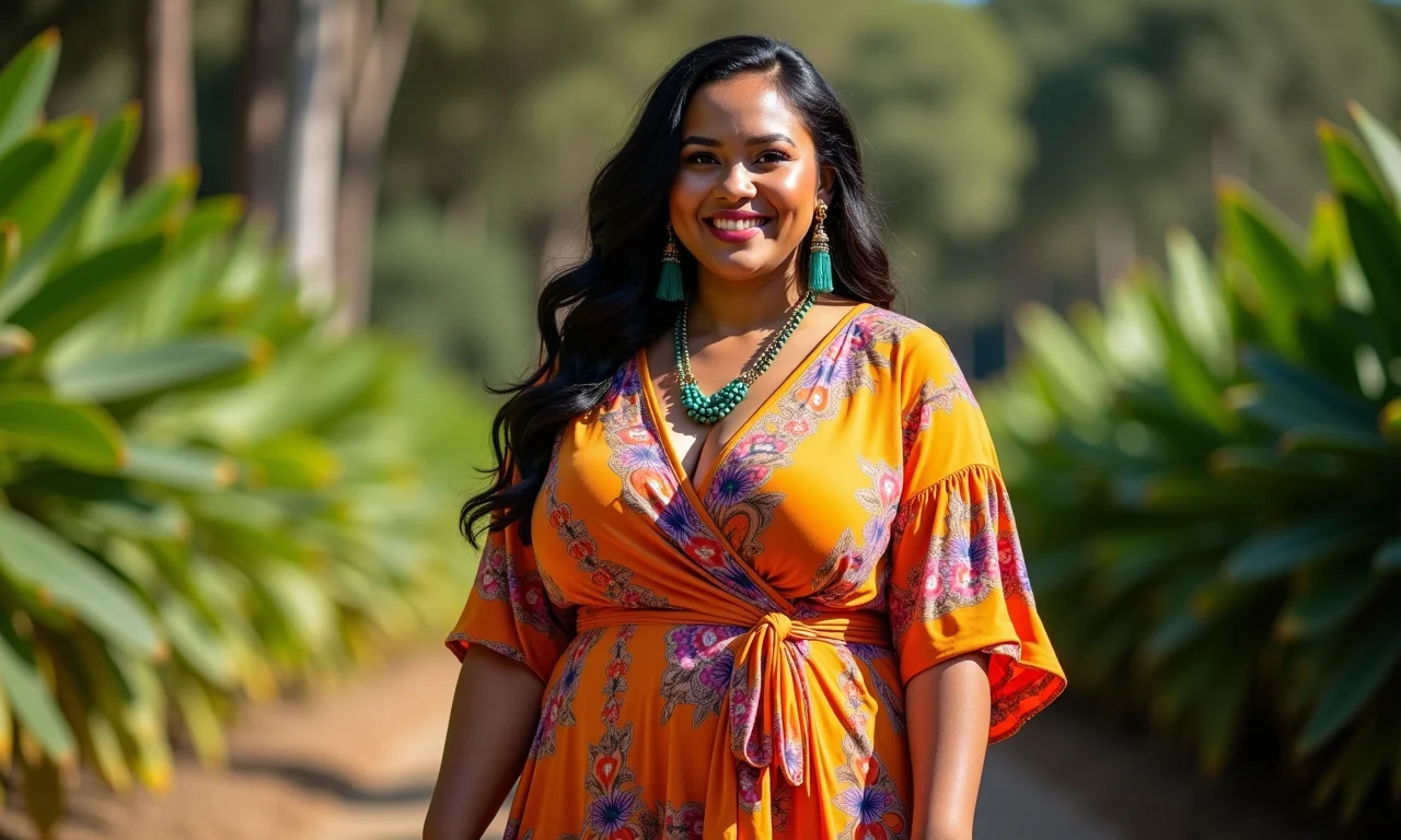 Mulher plus size sorrindo confiante em um vestido envelope elegante, com joias brasileiras e fundo vibrante estilo Farm Rio.