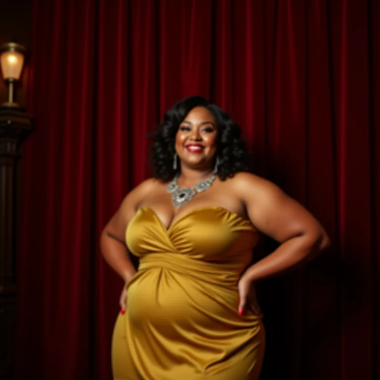 Mulher plus-size sorrindo confiantemente em um teatro