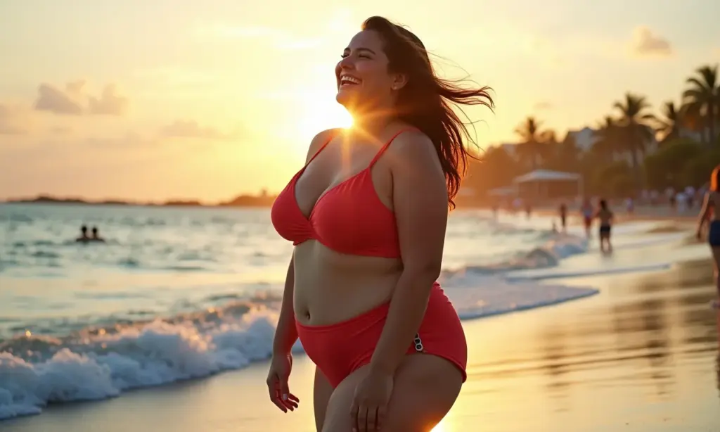 Mulher plus size sorrindo na praia do Rio, vestindo moda praia estilosa.