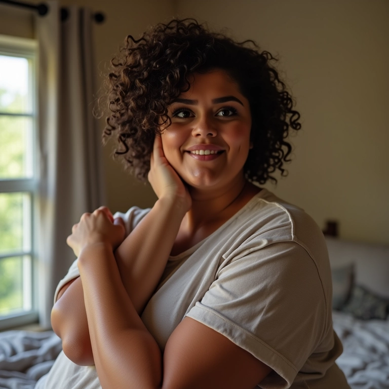 Mulher plus-size usando hair plopping para definir os cachos do cabelo cacheado curto.