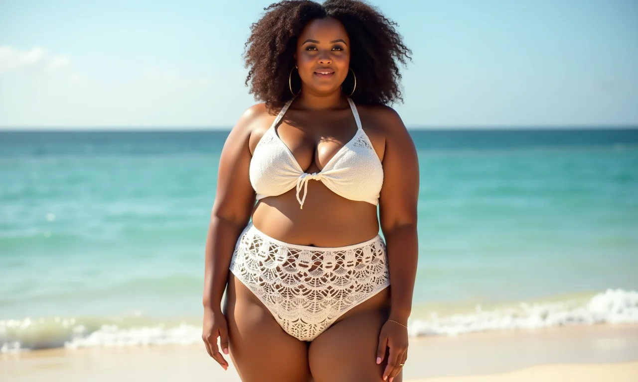 Mulher plus size usando maiô com calcinha hot pants de crochê na praia.