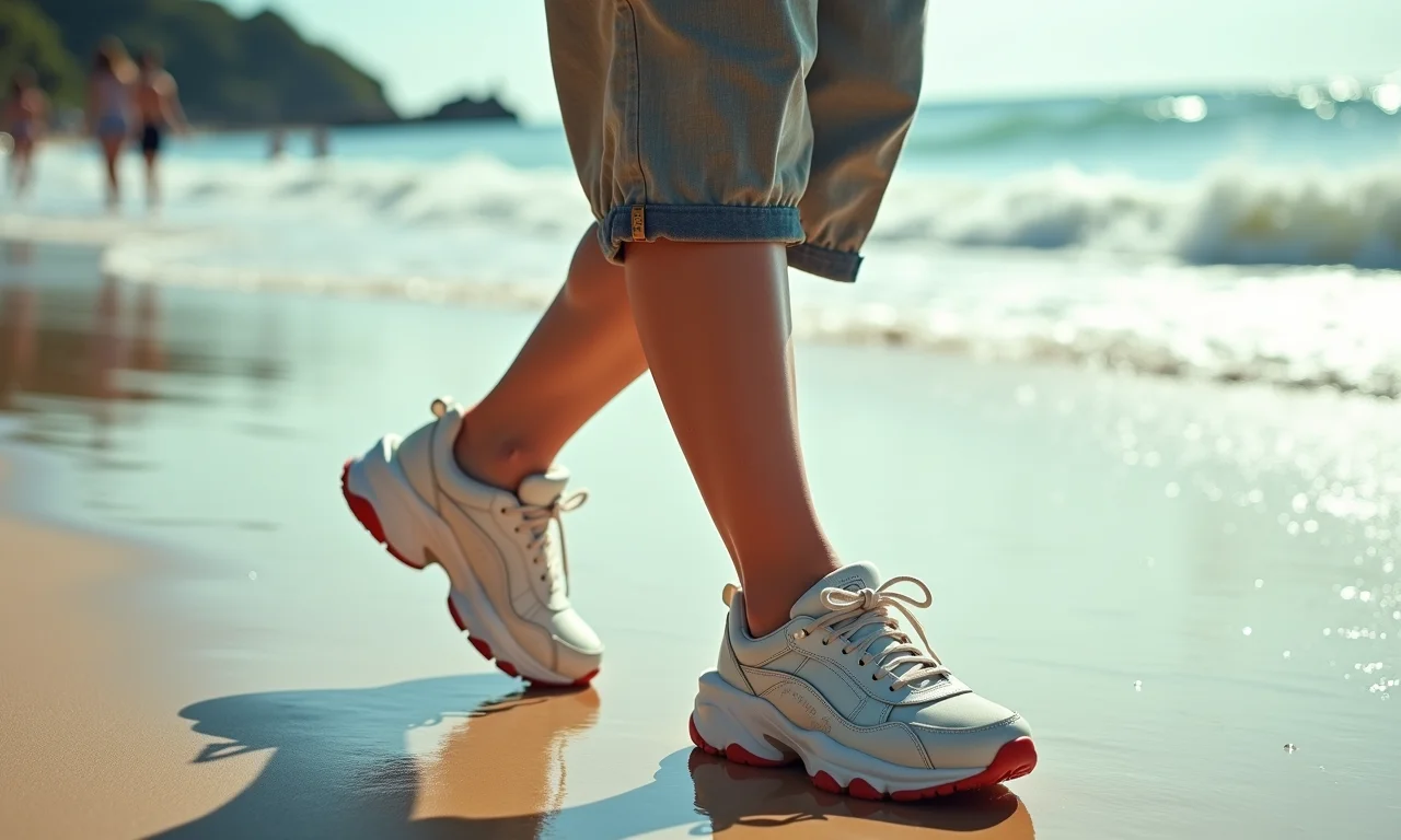 Mulher plus size usando tênis chunky e look anos 90 na praia de Ipanema.