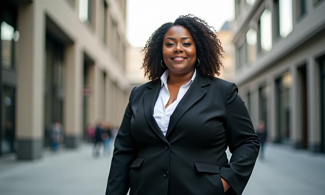 Mulher plus size usando um blazer alongado estiloso em um cenário urbano, transmitindo profissionalismo e confiança.