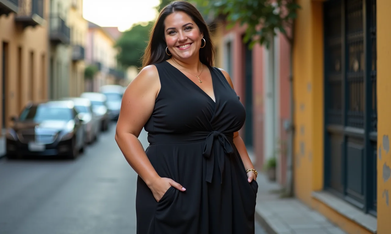 Mulher plus size usando vestido escuro e bem ajustado. Pose confiante, fotografia comercial.