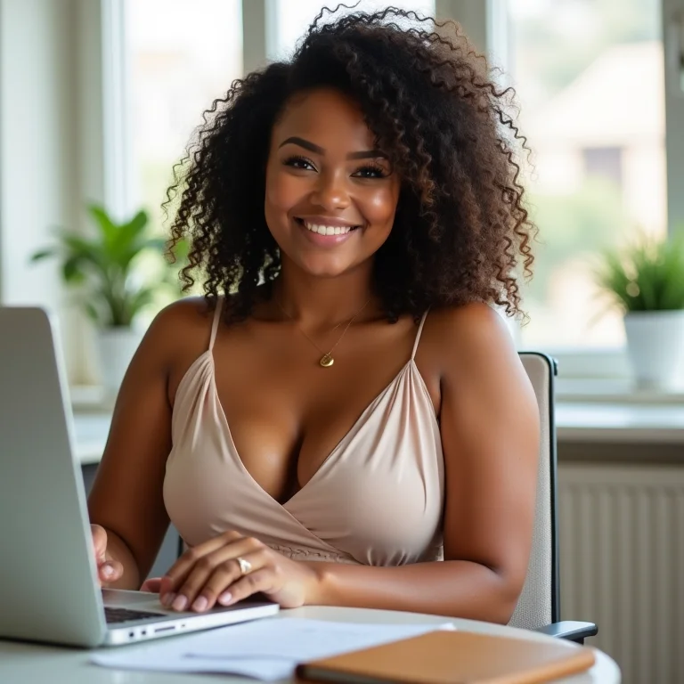 Mulher plus size usando vestido fluido em um escritório iluminado.