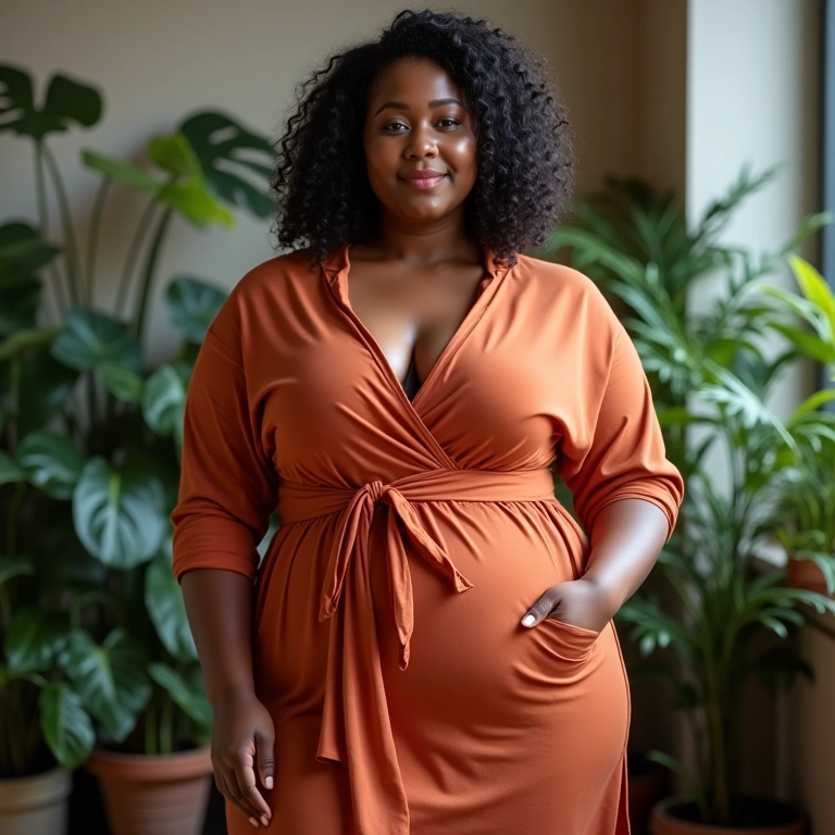 Mulher plus size vestindo um elegante vestido envelope.