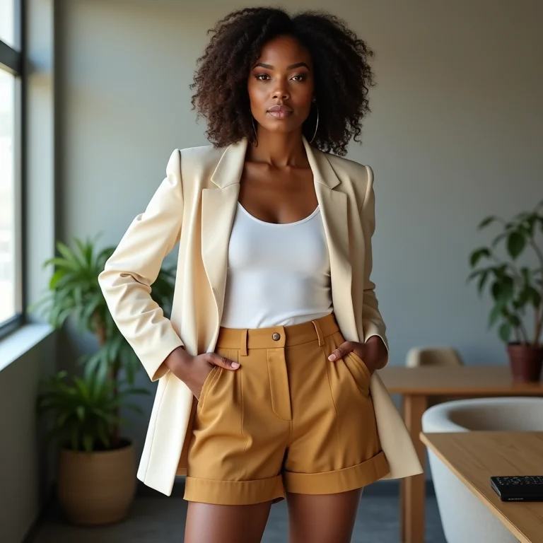 Mulher poderosa com bermuda de alfaiataria e blazer