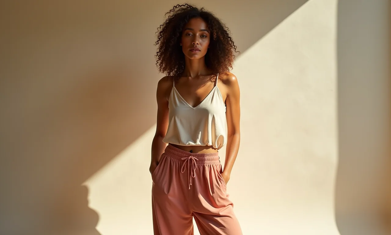 Mulher posando com calça de tecido fluído em look estiloso.