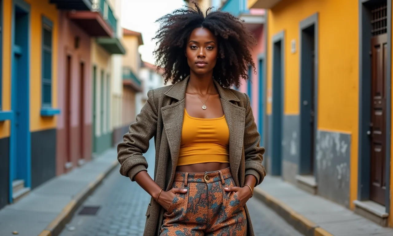 Mulher posando confiante em um look ousado com estampas e texturas diferentes.
