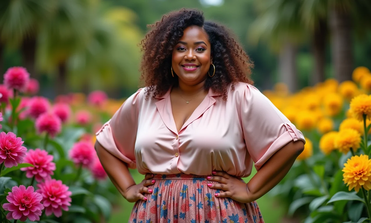 Mulher posando em jardim com blusa de seda e saia.