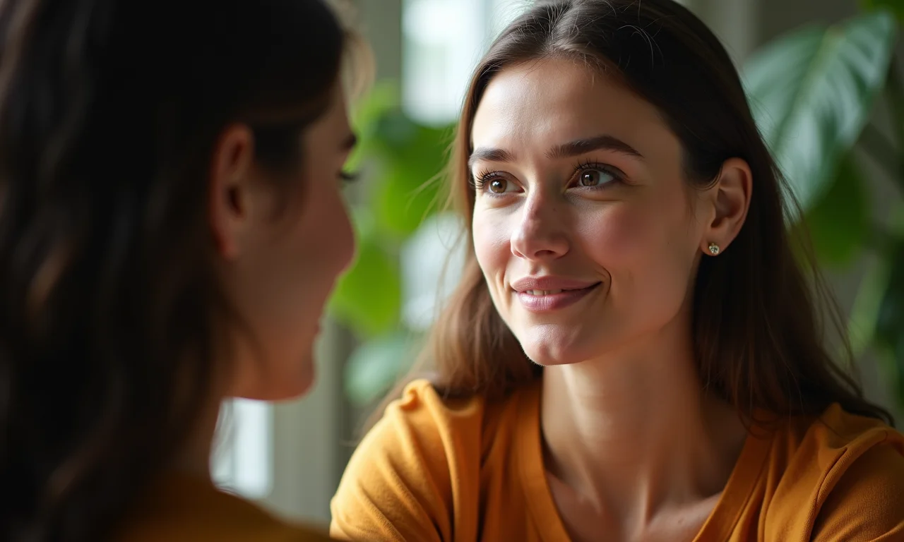 Mulher praticando a empatia ativa, escutando atentamente outra pessoa.