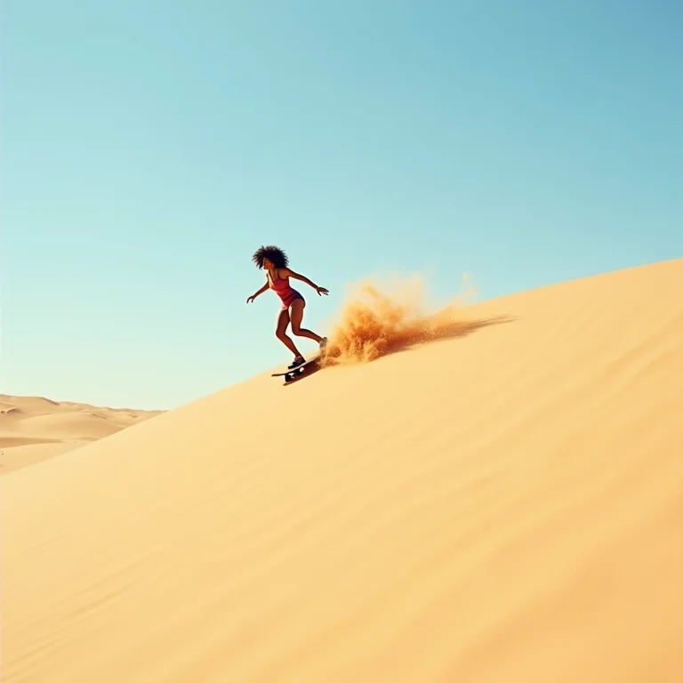 Mulher praticando sandboard no Deserto do Saara