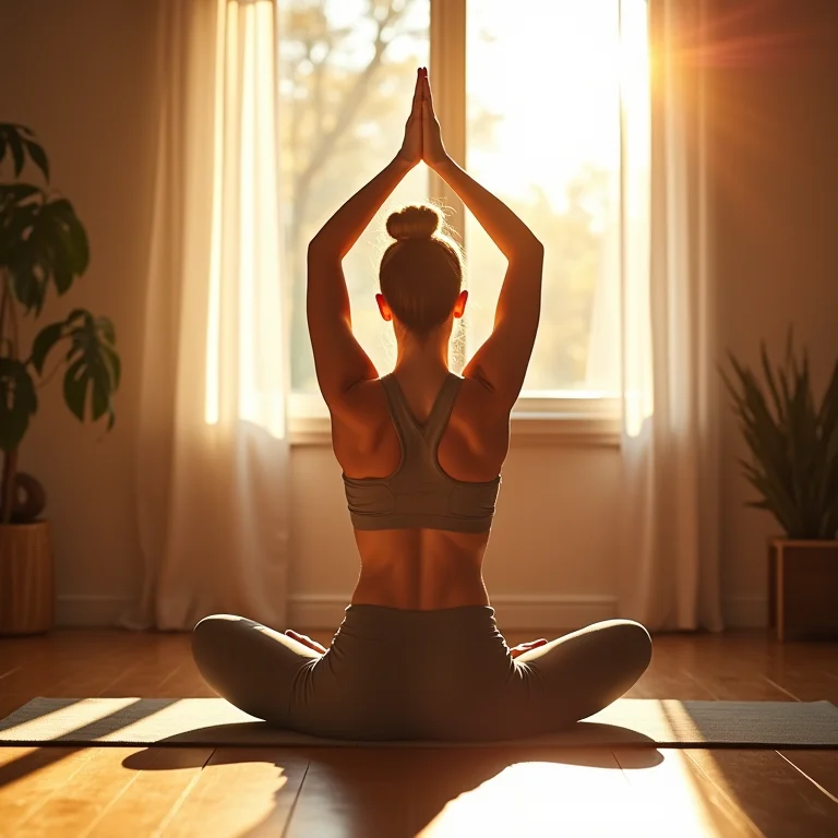Mulher praticando yoga em casa, emanando força e serenidade.