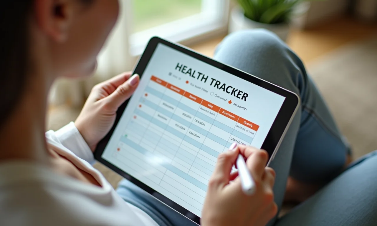 Mulher preenchendo uma planilha de acompanhamento da saúde cardiovascular em um tablet.