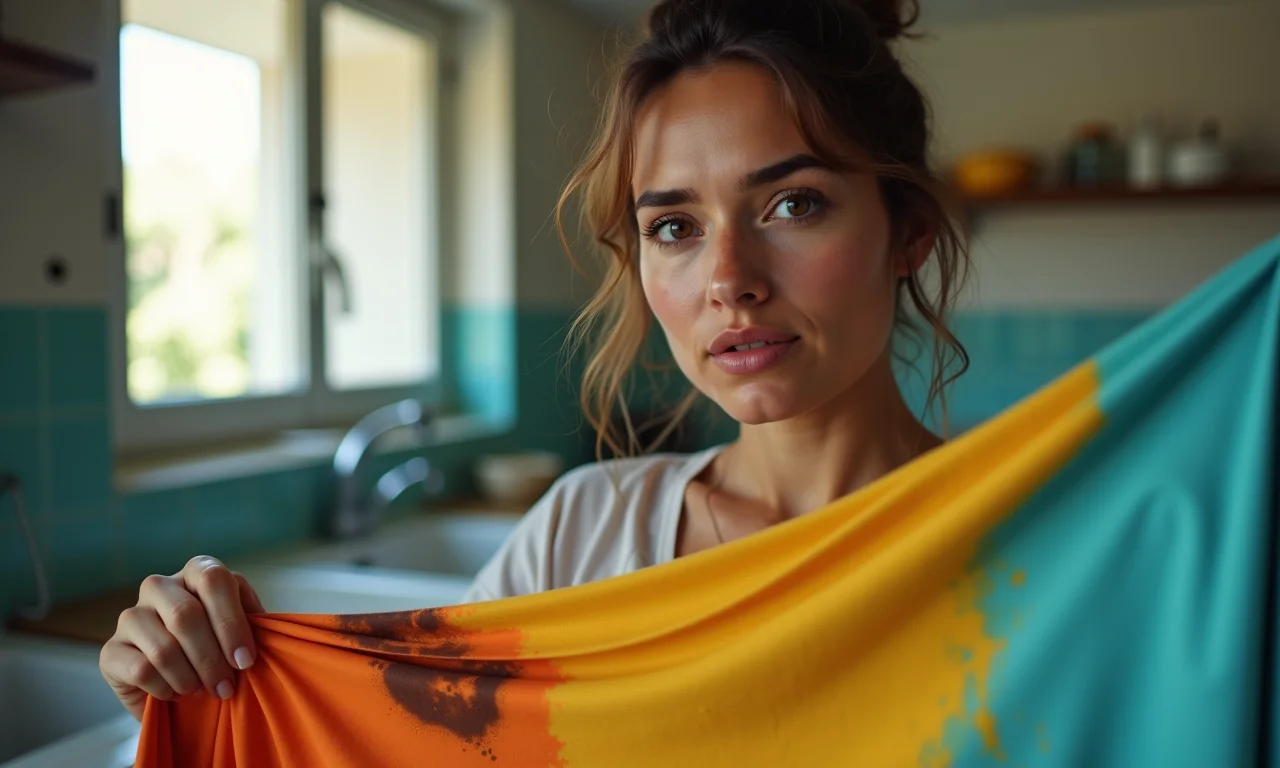Mulher preocupada com mancha de ferrugem em roupa.