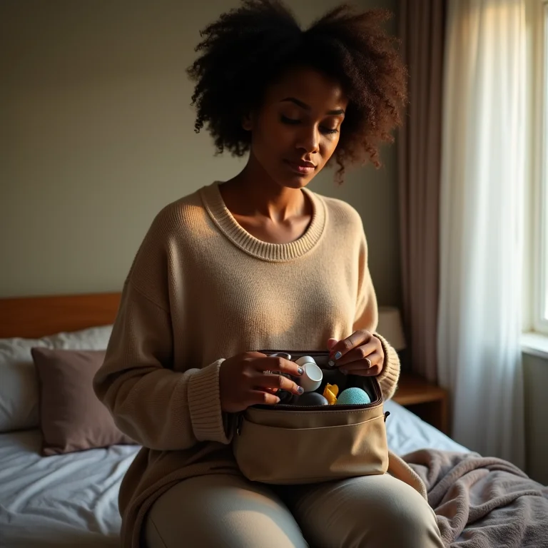 Mulher preparando mala de emergência para sair de casa.