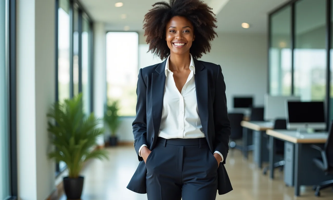 Mulher profissional com shorts de alfaiataria e blazer no ambiente de trabalho.