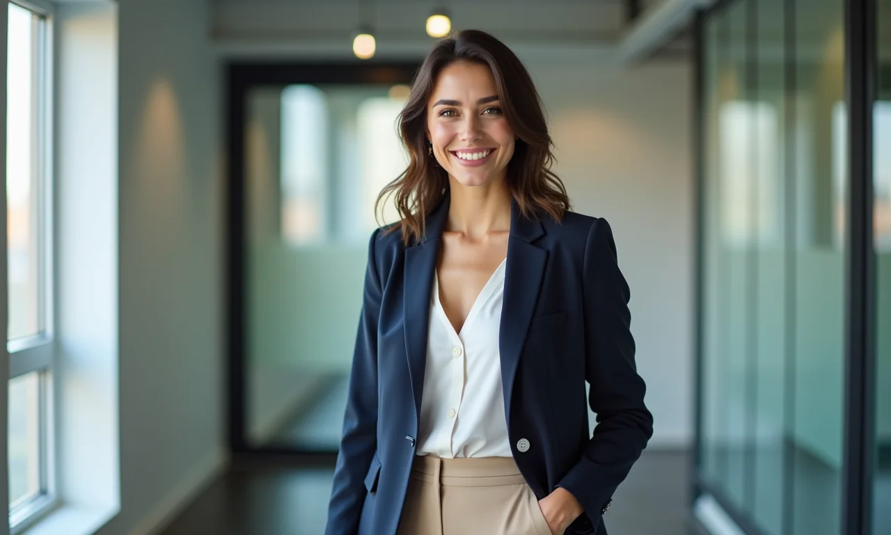 Mulher profissional vestindo blazer azul marinho e calças de alfaiataria bege em escritório moderno.