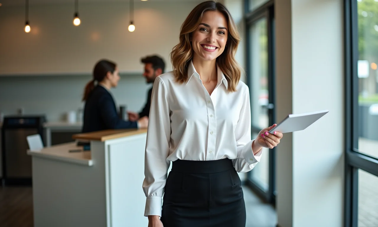 Mulher profissional vestindo saia lápis preta e blusa branca sorrindo em um banco.