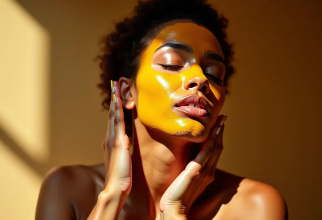 Açafrão no skincare: o segredo de beleza que sua pele vai amar Mulher radiante aplicando máscara facial de açafrão