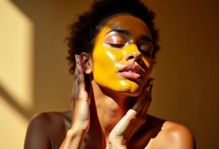 Mulher radiante aplicando máscara facial de açafrão