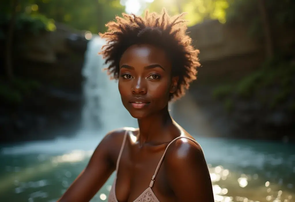 Banho de cachoeira: 5 segredos para uma experiência perfeita (e segura) Mulher radiante aproveitando banho de cachoeira com luz solar suave.
