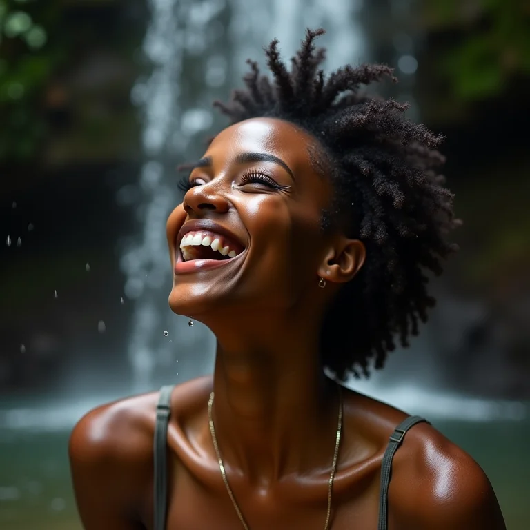 Mulher radiante aproveitando um banho de cachoeira, fortalecendo seu sistema imunológico
