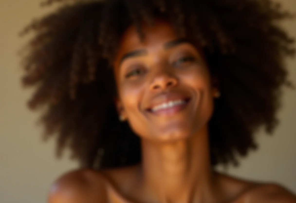 Mulher radiante com cabelos saudáveis após usar condicionador sólido