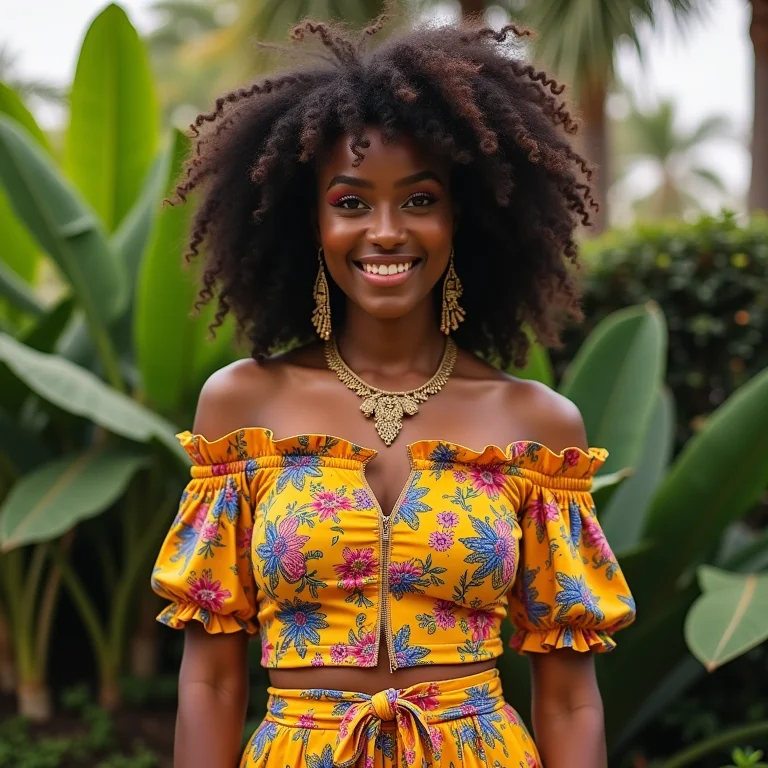 Mulher radiante com conjunto estampado