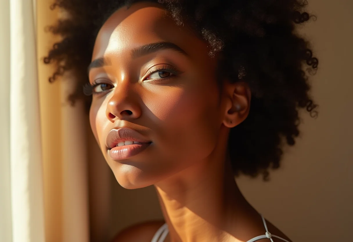 Mulher radiante com maquiagem natural e pele real