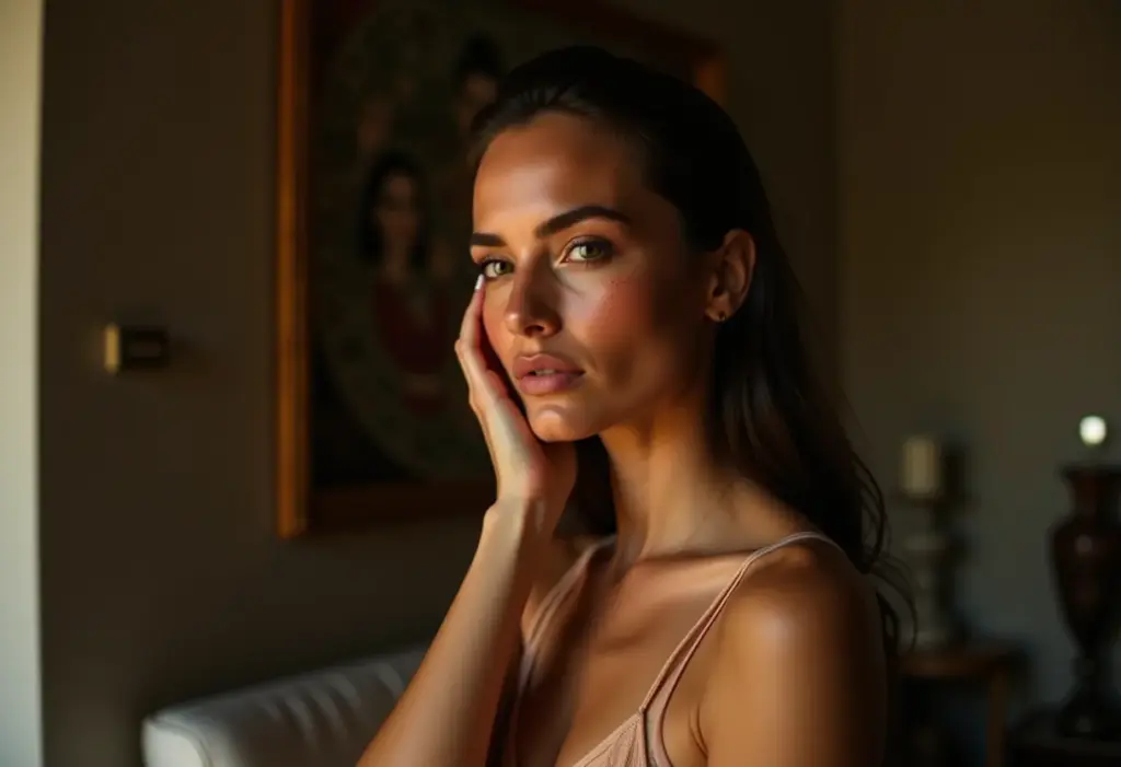 Mulher radiante em ambiente numerológico