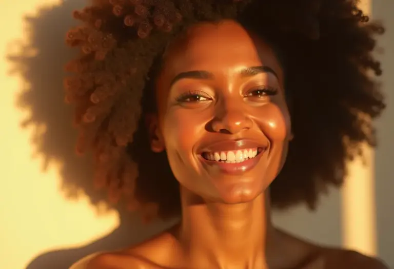 Mulher radiante sob luz suave, representando autoconhecimento