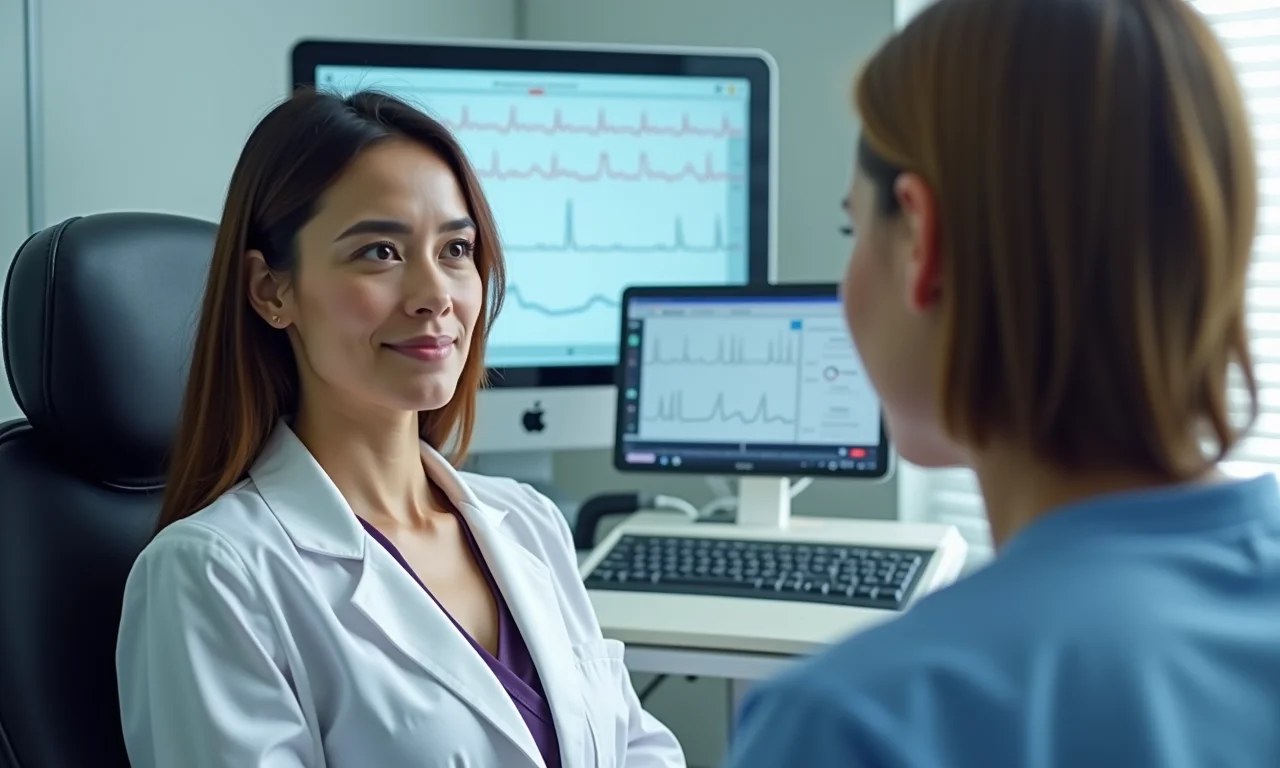 Mulher realizando um exame cardiológico, como um eletrocardiograma.