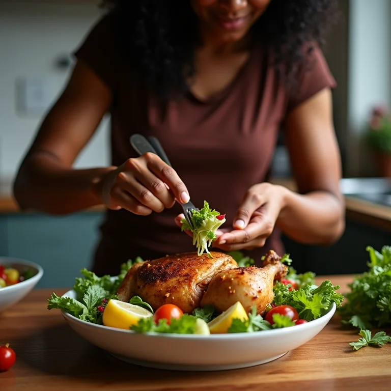 Mulher reaproveitando sobras de frango assado